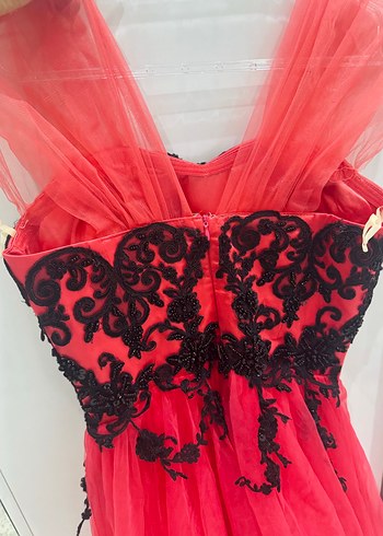 Nar Çiçeği Kabarık Uzun Dantel Nakışlı Elbise - Görsel 5