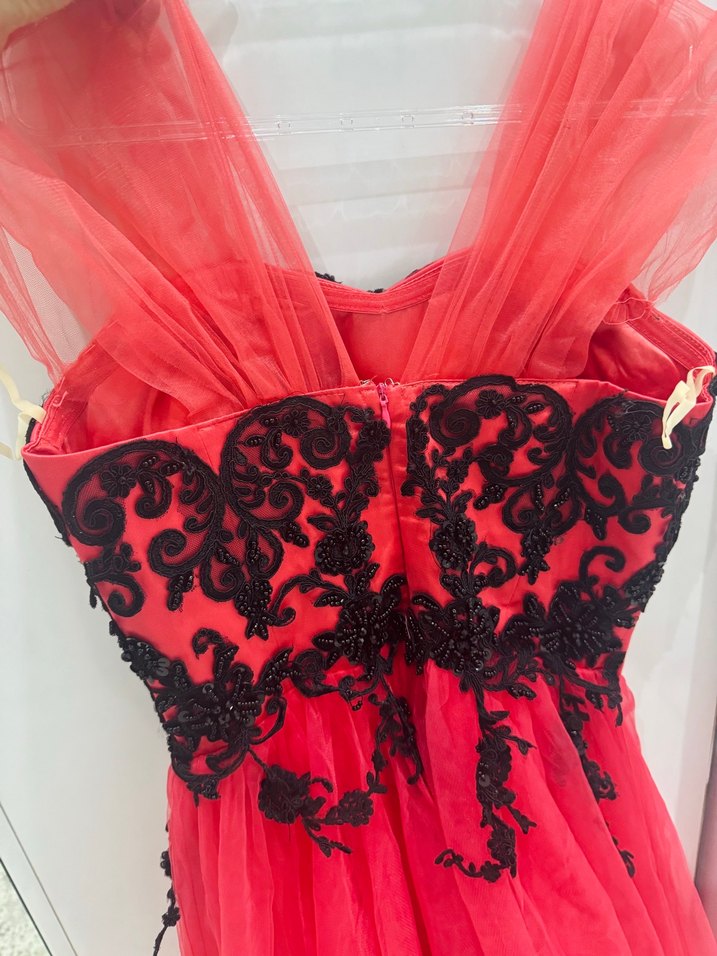 Nar Çiçeği Kabarık Uzun Dantel Nakışlı Elbise - Görsel 5