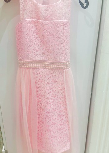 Pembe Tüllü Dantel Detaylı Kız Çocuk Elbisesi - Görsel 3