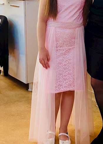 Pembe Tüllü Dantel Detaylı Kız Çocuk Elbisesi - Görsel 2