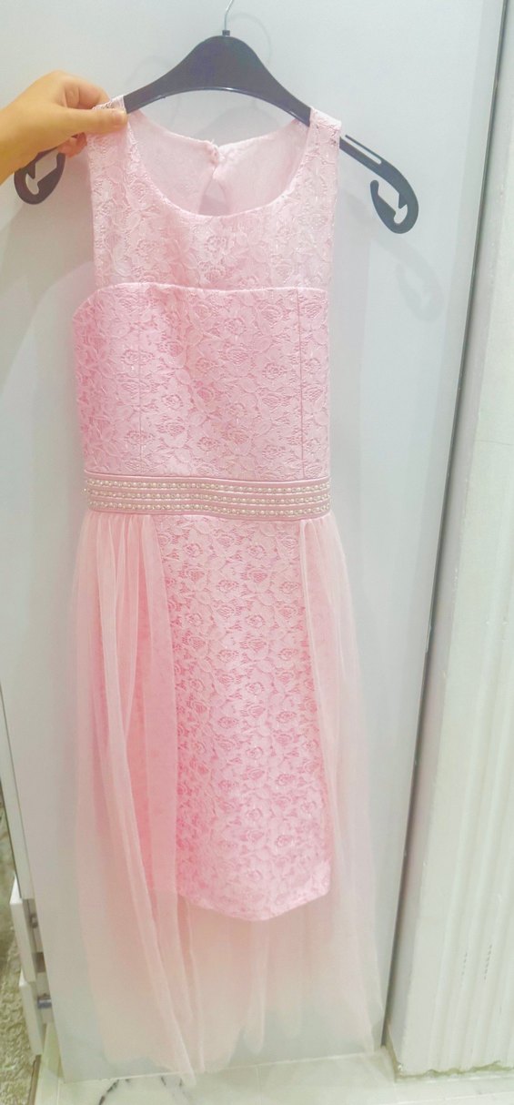 Pembe Tüllü Dantel Detaylı Kız Çocuk Elbisesi - Görsel 3