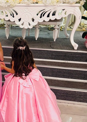 Pembe Drapeli Tarlatanlı Kabarık Straplez Kız Çocuk Abiye - Görsel 4