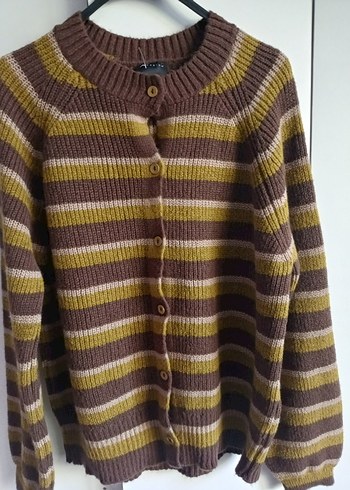 Kadın Kahverengi Çizgili Örgü Hırka - Görsel 2