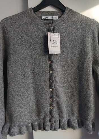 Düğmeli Gri Yün Kadın Hırka - Görsel 2