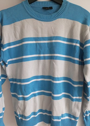 Mavi Çizgili Erkek Örgü Pamuk Kazak - Görsel 2