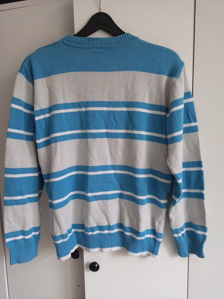 Mavi Çizgili Erkek Örgü Pamuk Kazak - Görsel 5