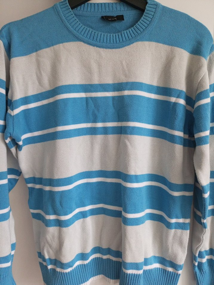 Mavi Çizgili Erkek Örgü Pamuk Kazak - Görsel 2