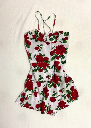 xs Beden Kırmızı Çiçek Desenli Vintage Şortlu Tulum