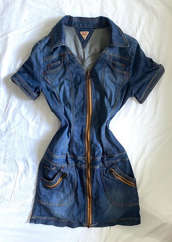 Kısa Kollu Lacivert Denim Midi Elbise