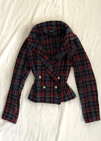 Düğmeli Ekose Desenli Kadın Blazer Ceket