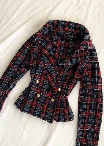 s Beden Düğmeli Ekose Desenli Kadın Blazer Ceket