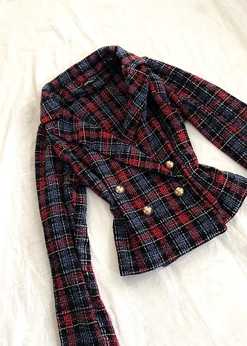 s Beden çeşitli Renk Düğmeli Ekose Desenli Kadın Blazer Ceket