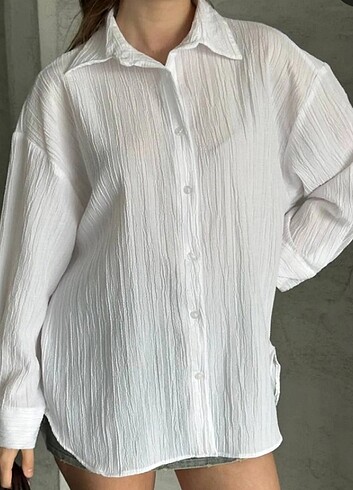 Kadın Beyaz Oversize Müslin Gömlek 