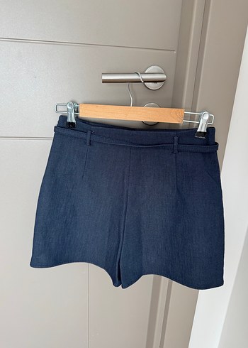 s Beden lacivert Renk Kot Görünümlü Kemerli Mini Şort Etek