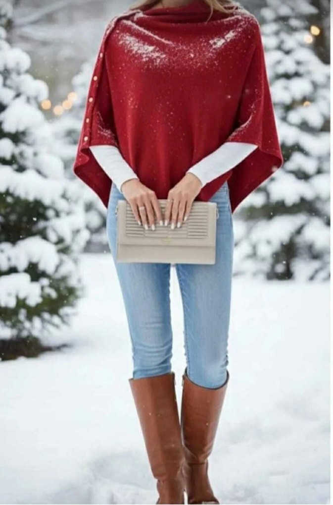 Bordo Düğmeli Yumuşak Midi Kadın Panço - Görsel 2