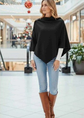 Düğmeli Siyah Kadın Midi Boy Panço - Görsel 2