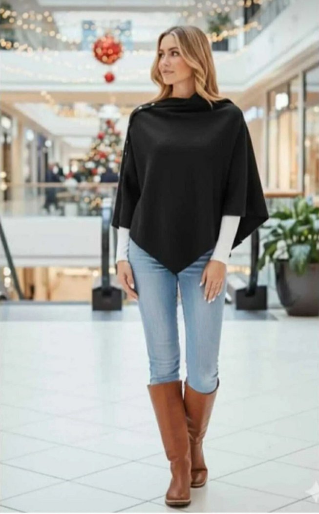 Düğmeli Siyah Kadın Midi Boy Panço - Görsel 2