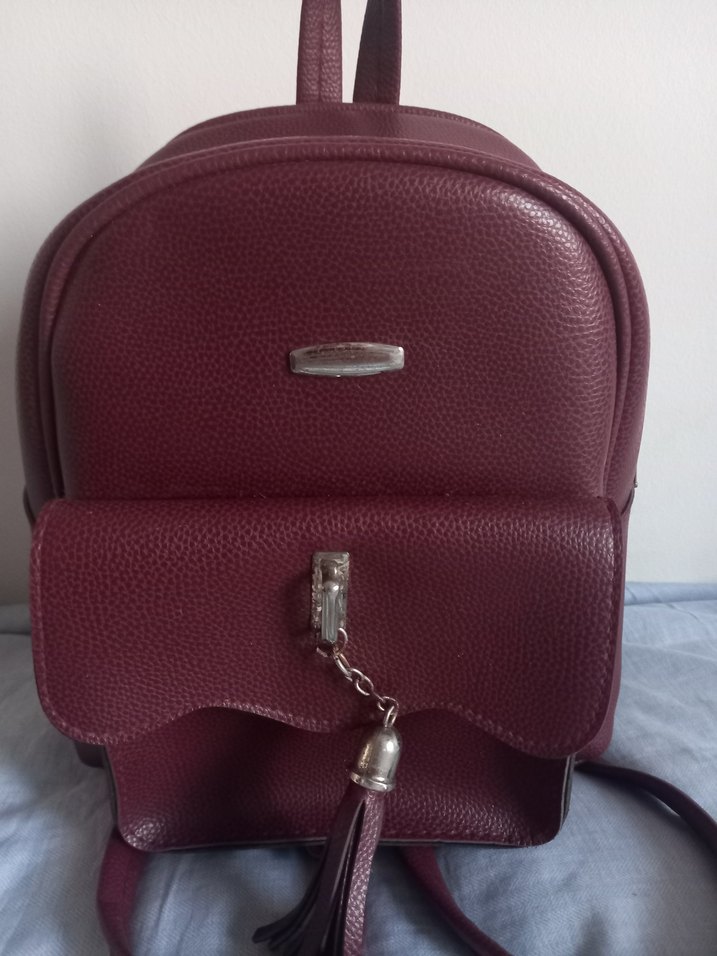 Bordo Deri Kadın Sırt Çantası Püsküllü - Görsel 2