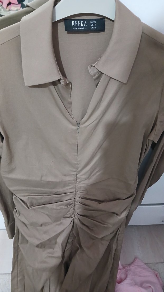 Bej Drapeli V Yaka Kadın elbise - Görsel 3