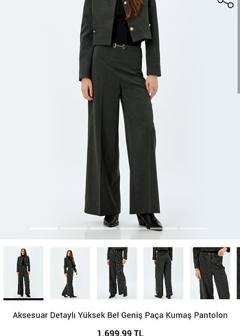 Gri Yüksek Bel Geniş Paça Kumaş Pantolon - Görsel 3