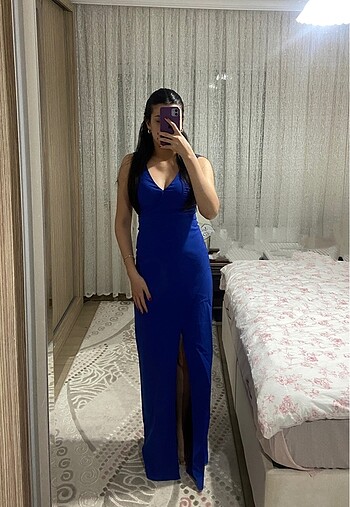 trendyolmilla yırtmaçlı saks mavi uzun abiye elbise