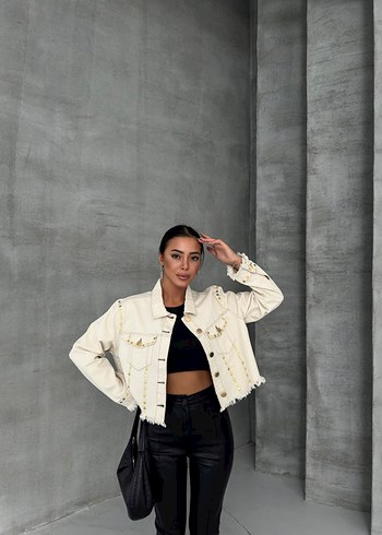 Düğmeli Beyaz Denim Kısa Ceket