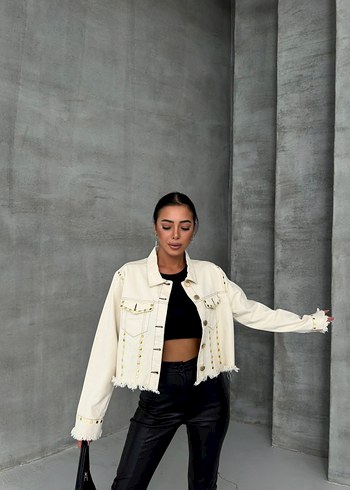 l Beden beyaz Renk Düğmeli Beyaz Denim Kısa Ceket