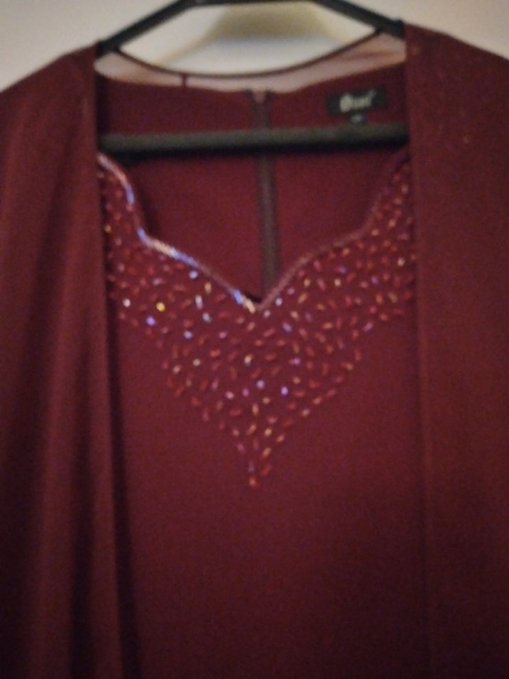 Bordo V Yaka Uzun Abiye Elbise - Görsel 2