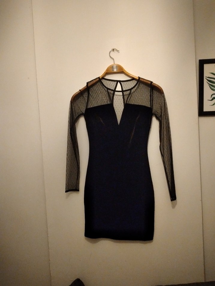 Siyah V Yakalı Transparan Kollu Midi Elbise kadife - Görsel 2