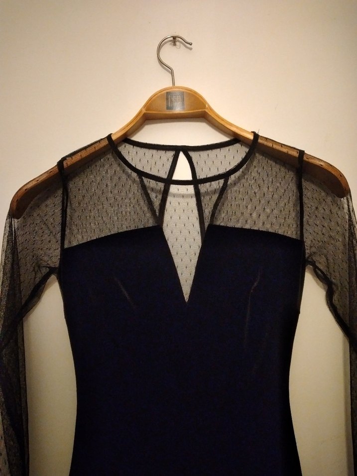 Siyah V Yakalı Transparan Kollu Midi Elbise kadife - Görsel 3