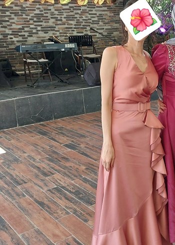 Pudra Pembe Drapeli Uzun Abiye Elbise - Görsel 2