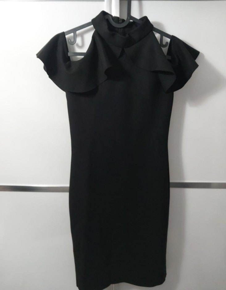 süet siyah Volanlı Yüksek Yakalı Midi Elbise uzunluk 100 cm - Görsel 2