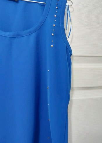 Mavi, Uzun, Kolsuz Kadın Bluz - Görsel 3