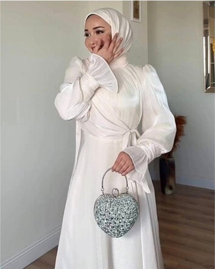 Yüksek Yakalı Beyaz Uzun Abiye Elbise şal dahil - Görsel 2