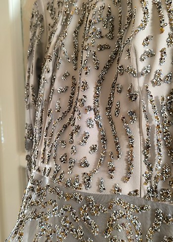 İnci İşlemeli Uzun Bej Düğün Elbisesi - Görsel 6