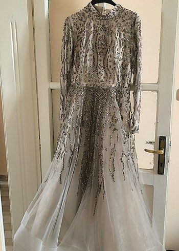 İnci İşlemeli Uzun Bej Düğün Elbisesi - Görsel 7