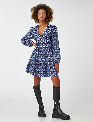 Çiçekli Kışlık Elbise Mini V yaka - Görsel 2