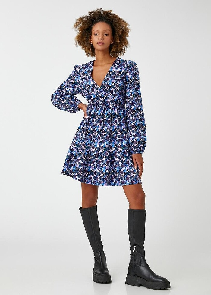 Çiçekli Kışlık Elbise Mini V yaka - Görsel 2