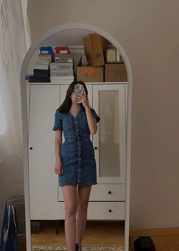 Zara düğmeli V Yaka Koyu Mavi Denim Elbise. - Görsel 2