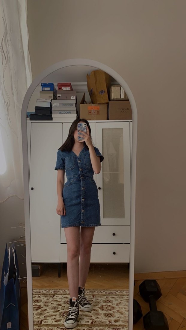 Zara düğmeli V Yaka Koyu Mavi Denim Elbise. - Görsel 2