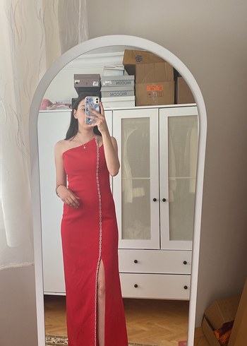 Kırmızı Straplez Uzun Elbise - Görsel 2