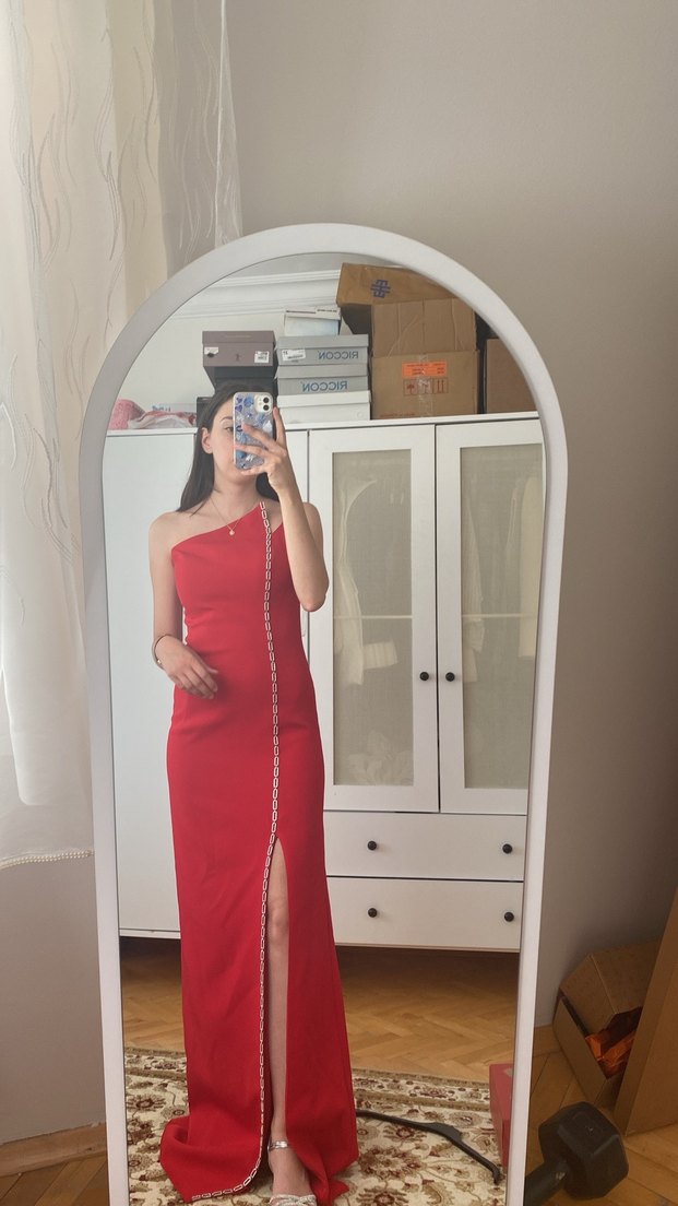 Kırmızı Straplez Uzun Elbise - Görsel 2