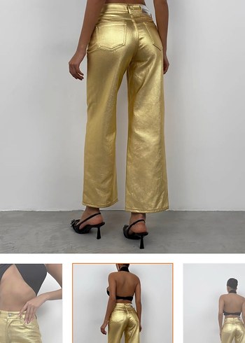 Zara Kadın Altın Rengi Düz Paça Parlak Pantolon