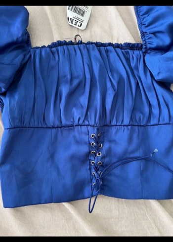 s Beden Mavi Kısa Kollu Straplez Mini Bluz