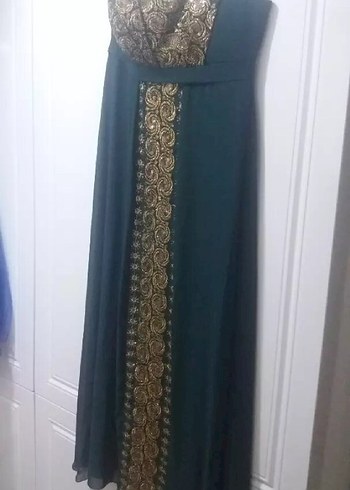 Uzun Kollu İşlemeli Yeşil Kadın Bindallı Elbise - Görsel 2