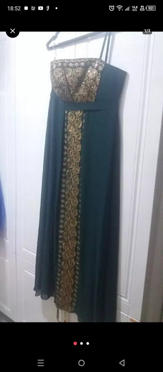 Uzun Kollu İşlemeli Yeşil Kadın Bindallı Elbise - Görsel 2