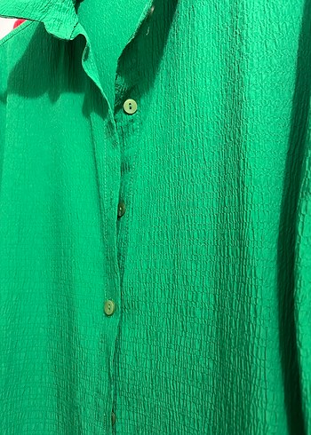 Düğmeli Yeşil Keten Kadın Gömlek - Görsel 3