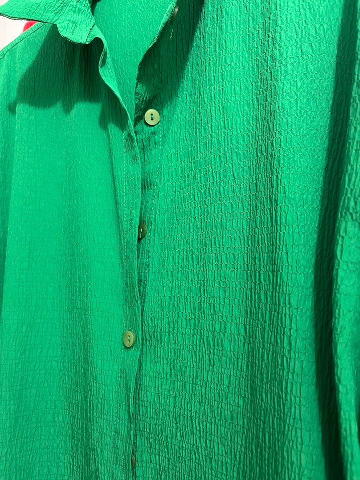 Düğmeli Yeşil Keten Kadın Gömlek - Görsel 3