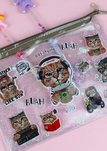 kedi desenli simli-sulu şeffaf dosya(çanta)+kitap ayracı - Görsel 2