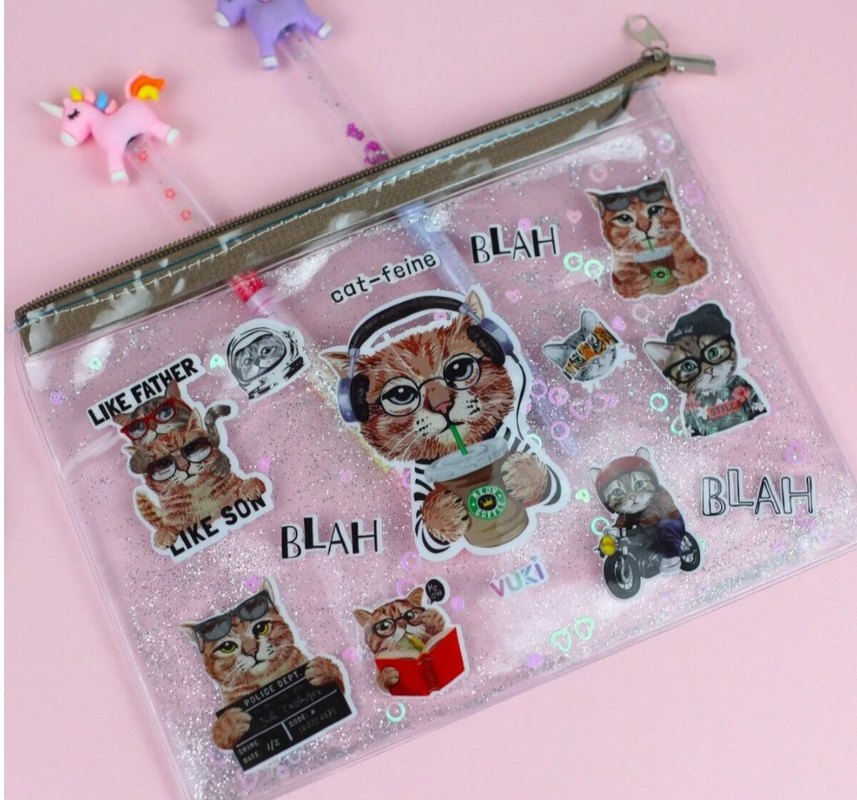 kedi desenli simli-sulu şeffaf dosya(çanta)+kitap ayracı - Görsel 2